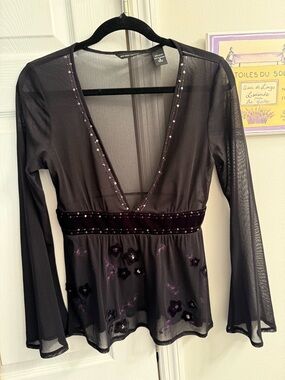New York & Company Black Sheer Panel Blouse